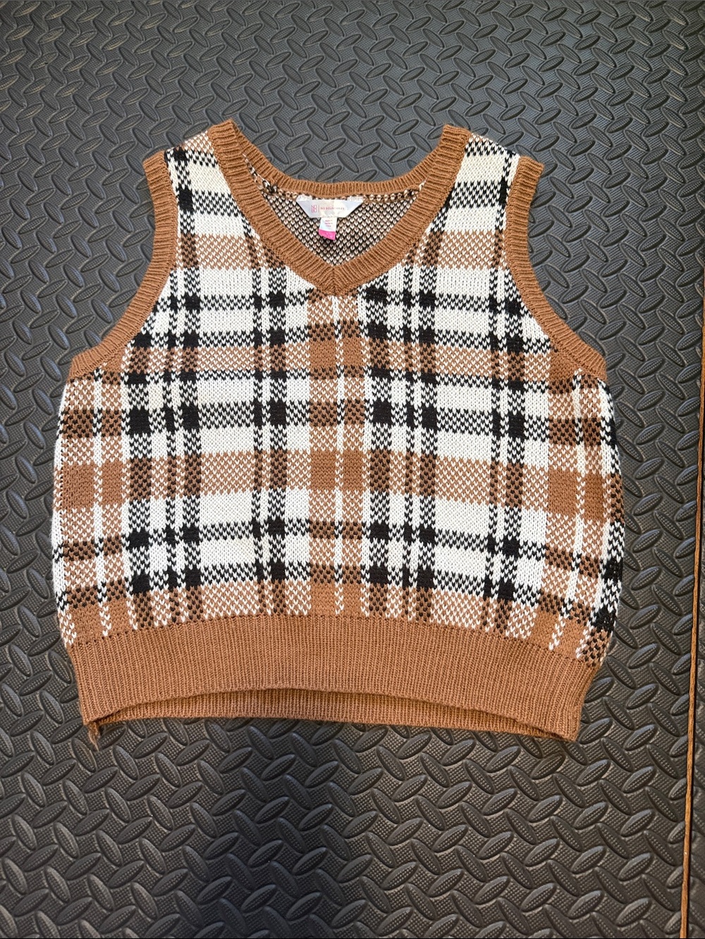 No Boundaries Brown, White & Black Plaid V-Neck Sweater Vest